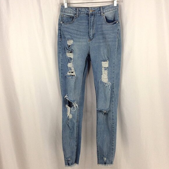 Tinseltown Distressed Mom Jeans Juniors 5 Light Wash Frayed Hem High Rise - Picture 2 of 8